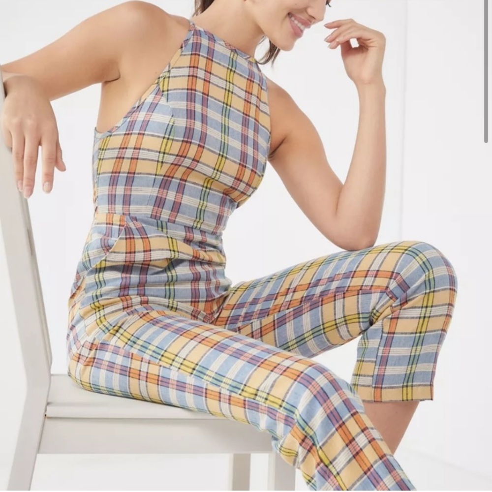 Urban Outfitters Hattie High Neck Jumpsuit Plaid Linen Size 4